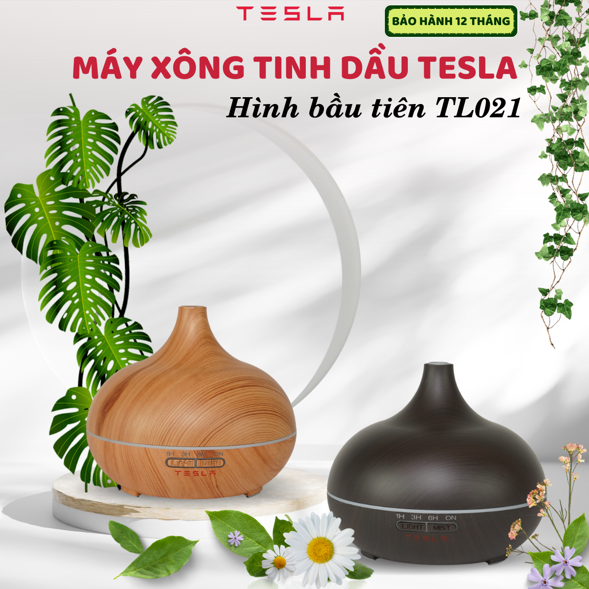 Máy khuếch tán tinh dầu TESLA, máy xông tinh dầu hình bầu tiên phun sương tạo độ ẩm và khử mùi không khí có đèn đổi màu