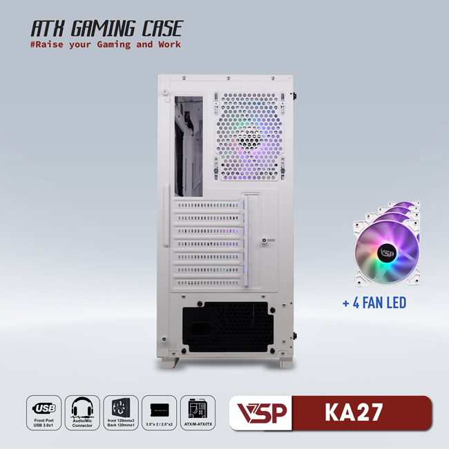 Vỏ máy tính Case VSP KA27 [TRẮNG] sẵn 4 Fan LED ~ Gaming 2 mặt kính cường lực (M-ATX/ITX) - Hàng chính hãng TECH VISION phân phối