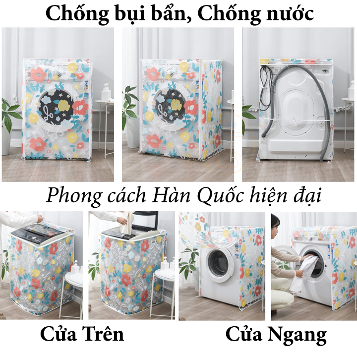 Áo Trùm Máy Giặt Trong Suốt Phong Cách Hàn Quốc Từ 7kg - 10kg Cho Cửa Ngang Và Cửa Trên Chất Liệu PEVA