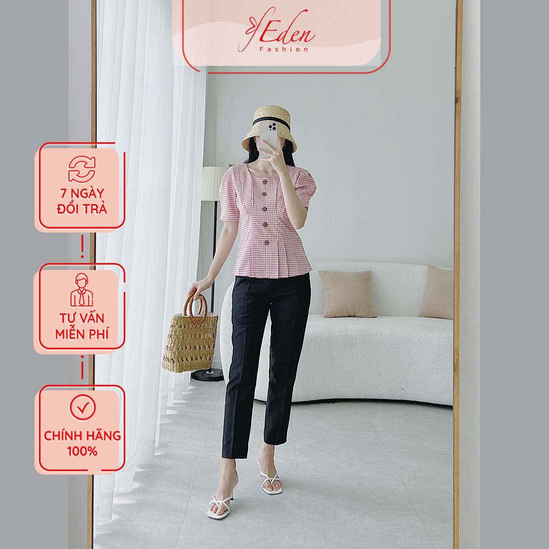 Áo kiểu nữ công sở thời trang Eden thiết kế cổ tròn xếp li eo chất liệu caro xốp Hàn Quốc không nhăn - ASM176