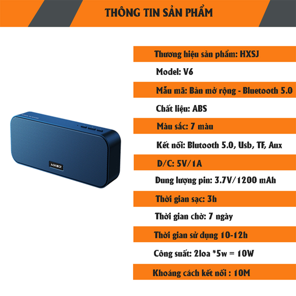 Loa Bluetooth HXSJ V6 Bản Mở Rộng Hỗ Trợ Kết Nối Bluetooth 5.0, Thẻ Nhớ, USB, Công suất 2 loa 10W Nhiều Màu Sắc - Hàng chính hãng