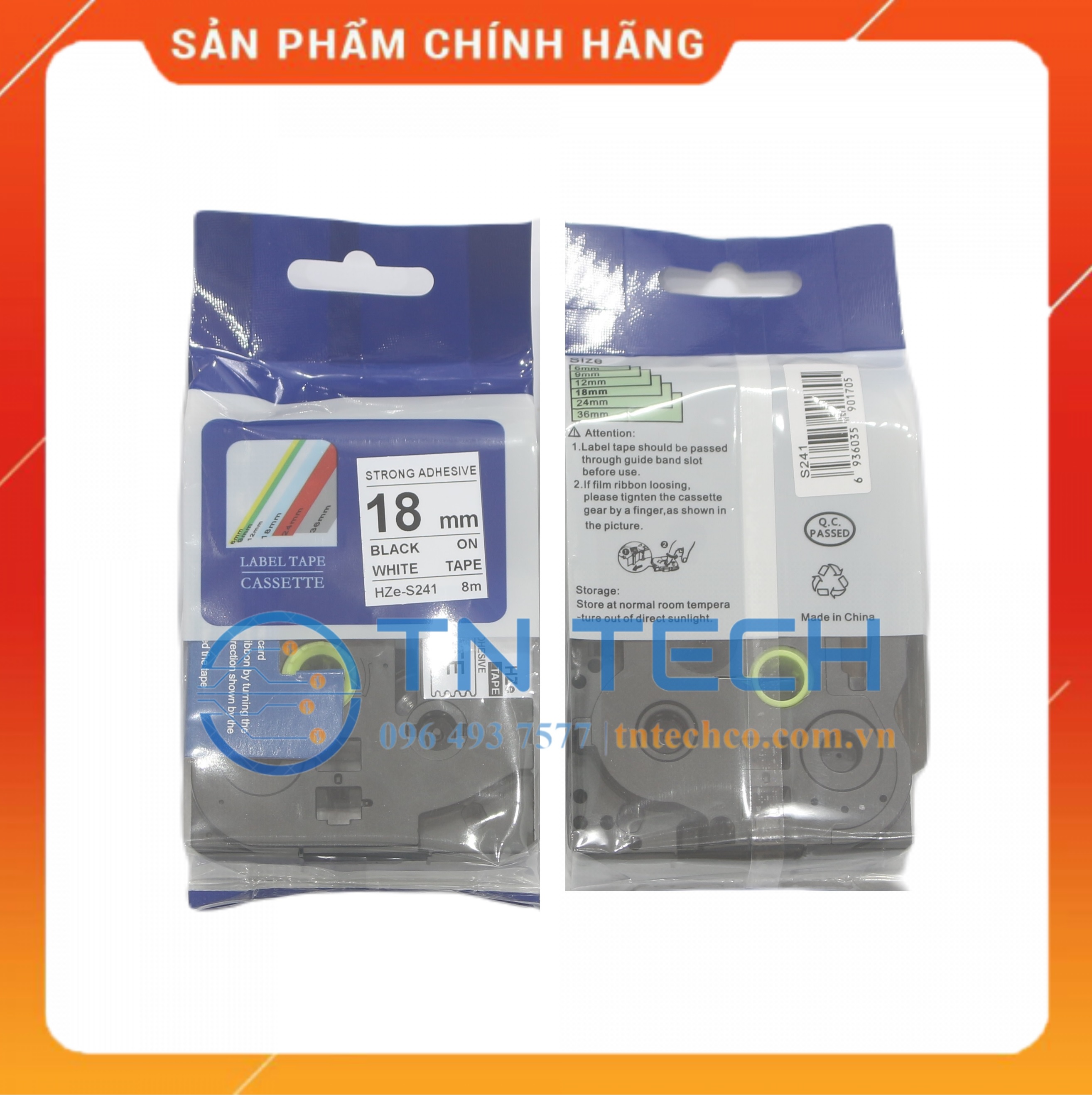 Nhãn In HZE-S241 - Đen nền trắng 18mm x 8m - Dùng cho máy in BROTHER - AIMO - PUTY [Hàng nhập khẩu]