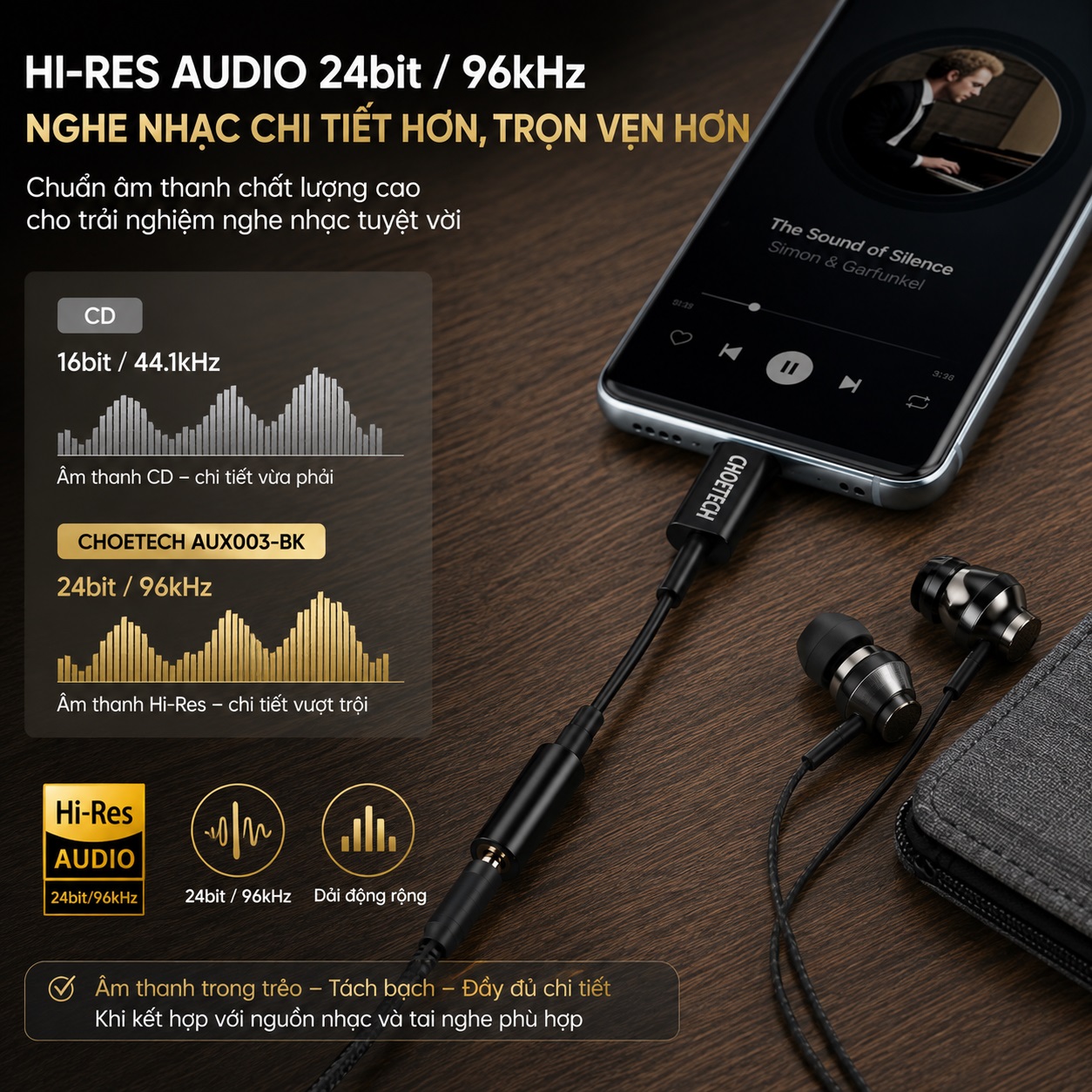 Cáp Chuyển âm thanh USB-C Sang Audio 3.5mm Choetech AUX003-BK Có DAC Hi-Res 24bit/96kHz Cho Tai Nghe Có Dây Loa Ô Tô cho iPad, Macbook, iPhone, Samsung, Huawei, Oppo - Hàng nhập khẩu
