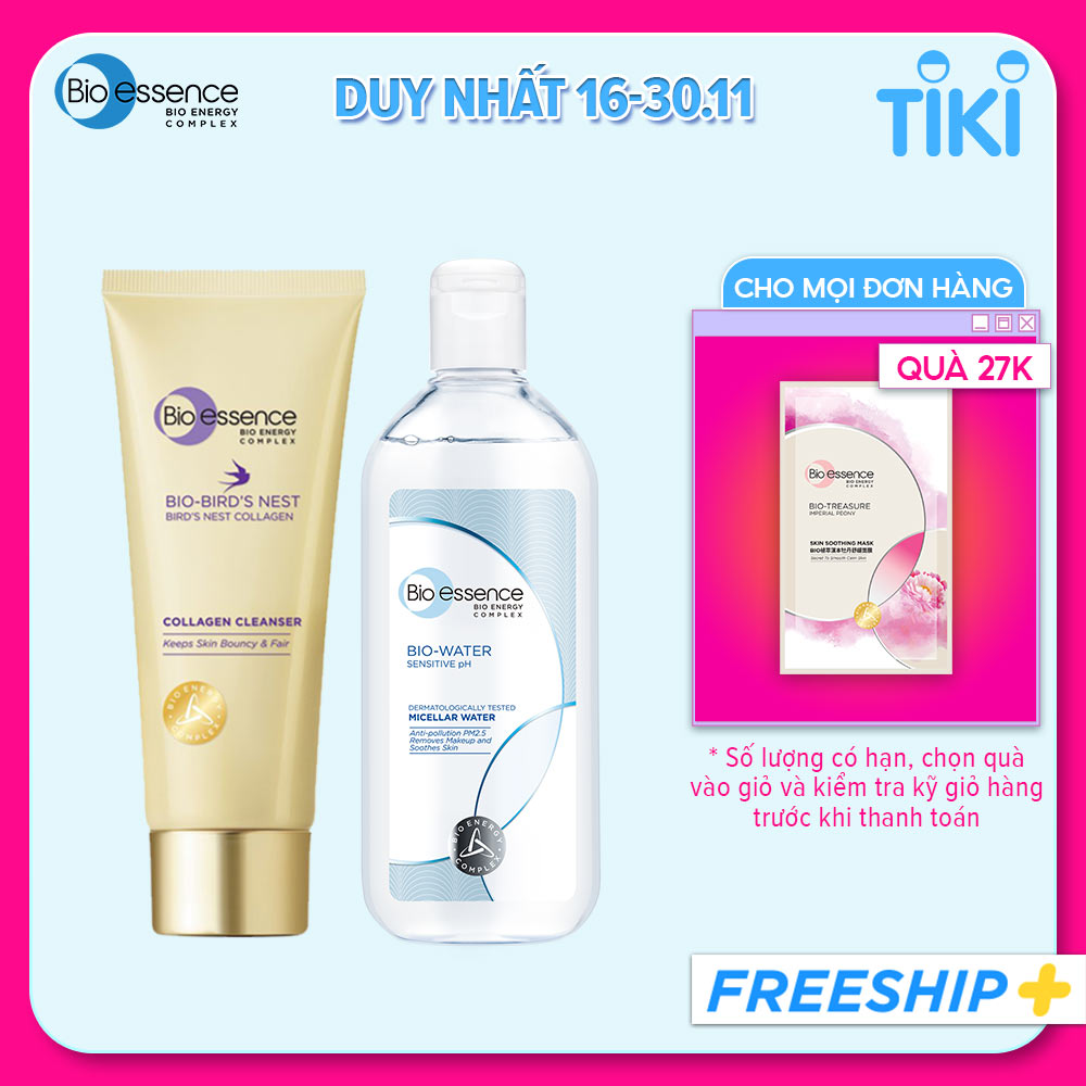 Combo làm sạch - sáng da Bio-essence  (Nước tẩy trang Bio-Water Micellar Water 100ml + Sữa rửa mặt dưỡng da Bio-Bird's Nest Collagen Cleanser 100g)