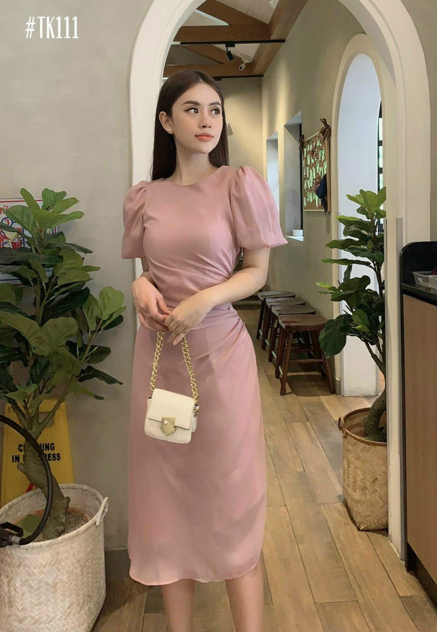 Đầm Dự Tiệc Thiết Kế Tay Phồng Nhún Eo Tôn Dáng Màu Hồng Pastel Sang Trọng Chất Vải Lụa Tằm Cap Cấp Hanaki HNK321