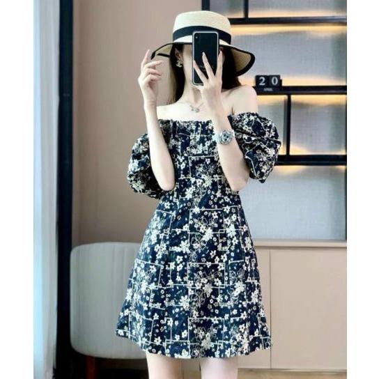 HÀNG NHẬP - ĐẦM LỤA HOA CỔ VUÔNG TAY PHỒNG