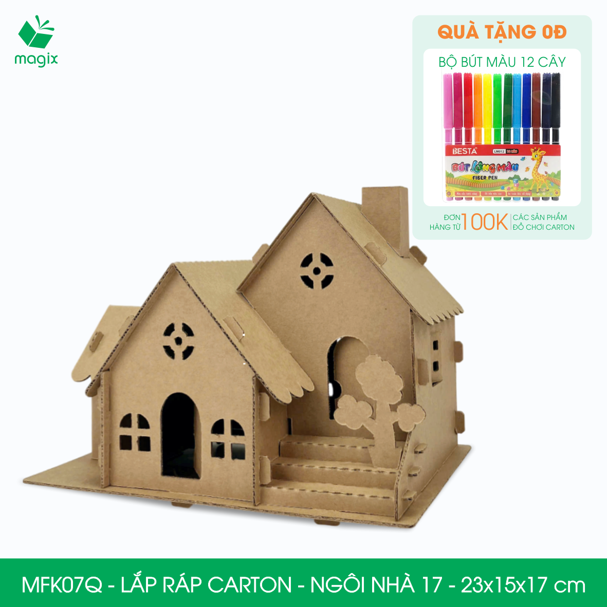 MFK07Q - 23x15x17 cm - Mô hình ngôi nhà lắp ráp từ bìa carton cao cấp, nhà giấy carton mini sáng tạo