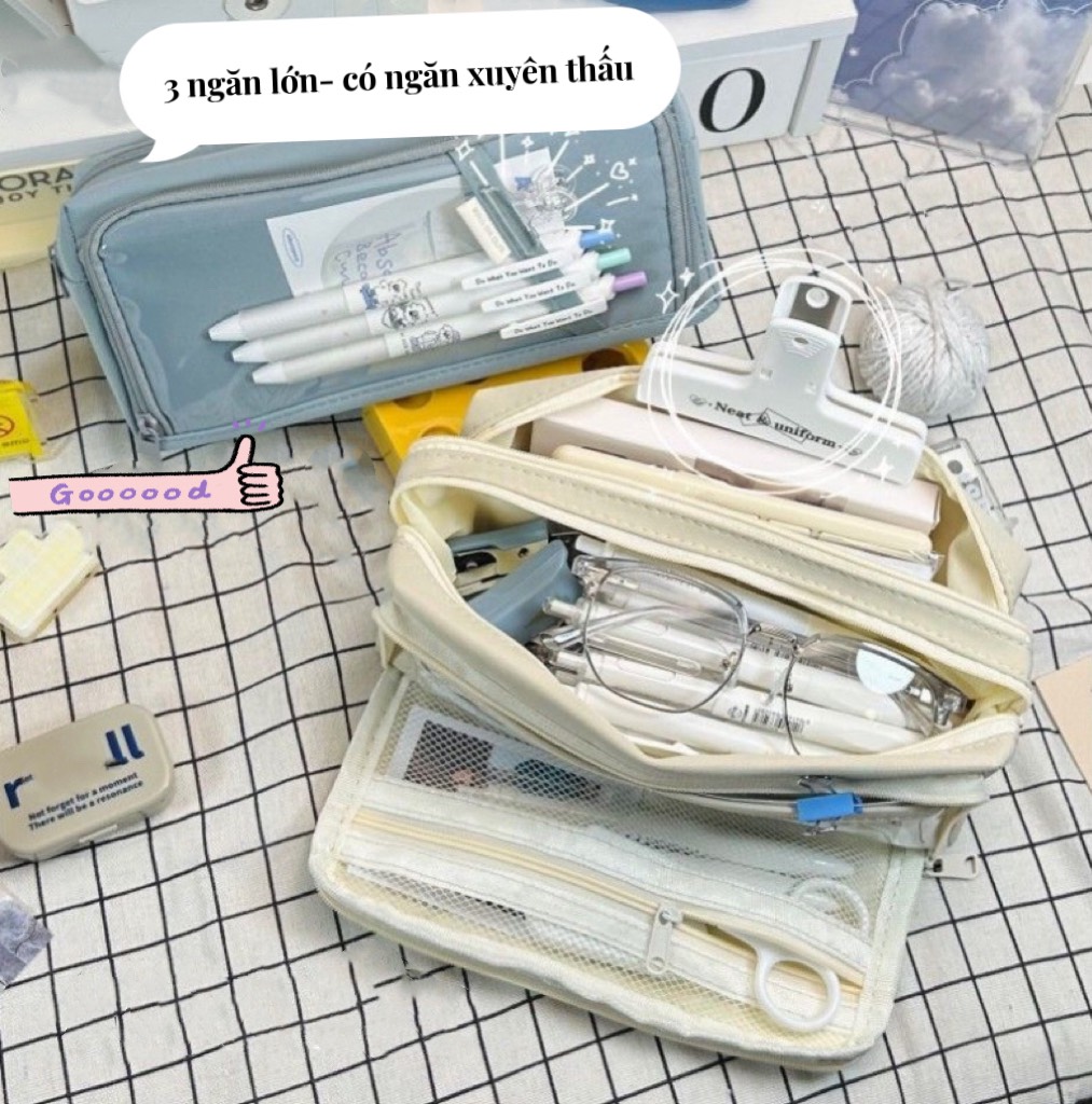 Túi bút vải 3 ngăn lớn học sinh nữ cỡ lớn bóp viết trong suốt đẹp rẻ vừa máy tính đồ dùng học tập xinh chống nước