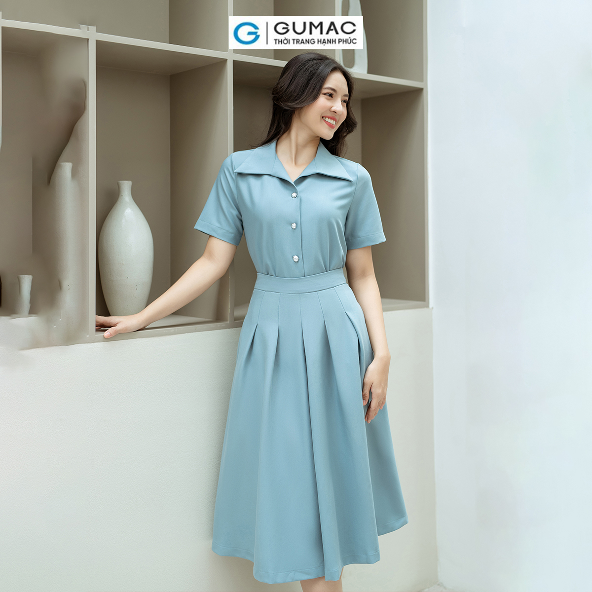 Set lẻ Áo kiểu tay ngắn GUMAC AD08028 - Chân váy A xếp ly GUMAC VD08037