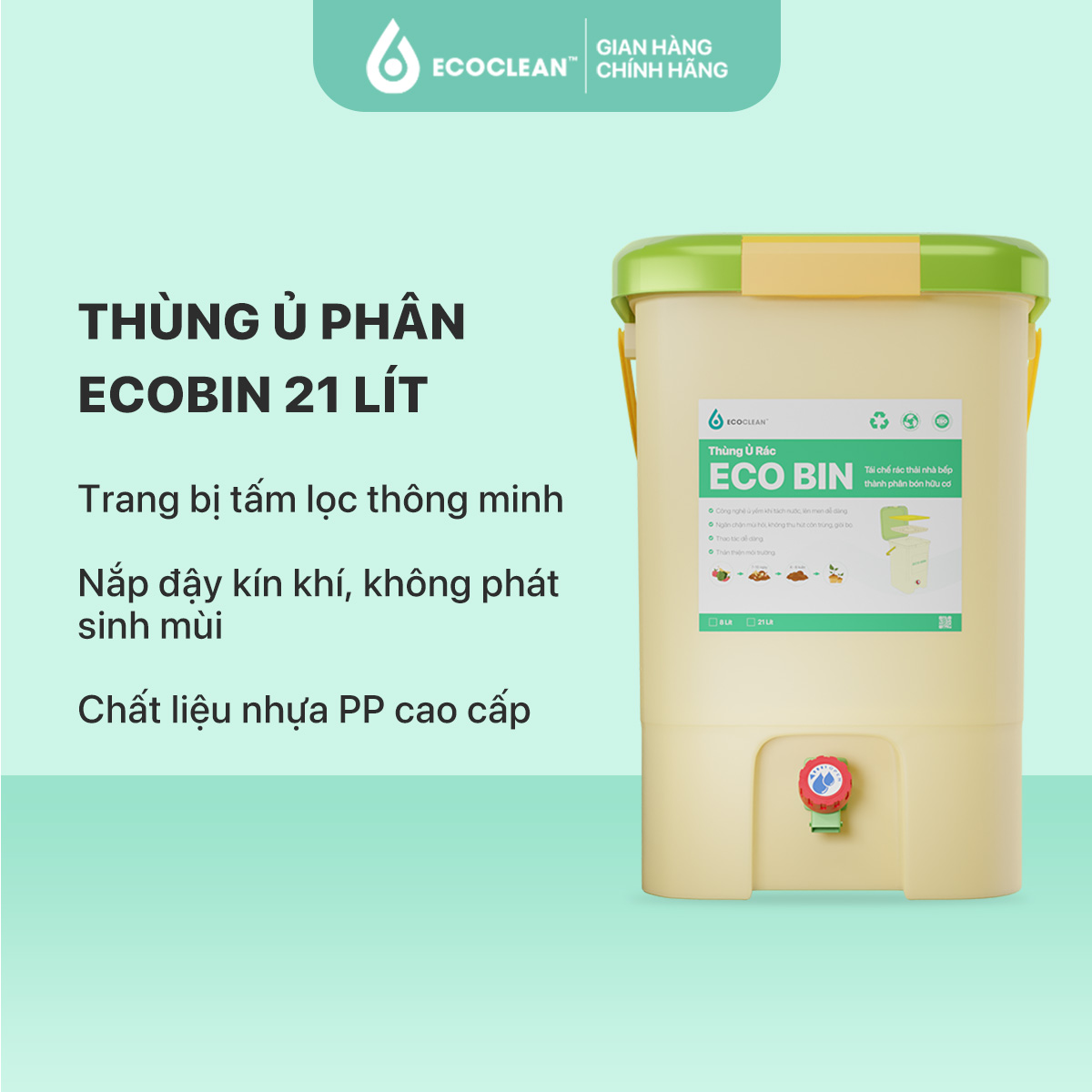 Thùng Ủ Rác Hữu Cơ EcoBin 21 Lít - EcoClean - Ủ Rác Nhà Bếp -Tự Làm Phân Compost Tại Nhà