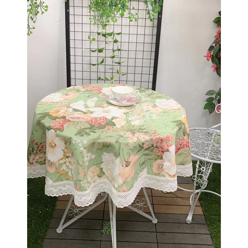 BST Khăn trải bàn tròn đẹp vải Canvas họa tiết hoa lá nhã nhặn Landecor
