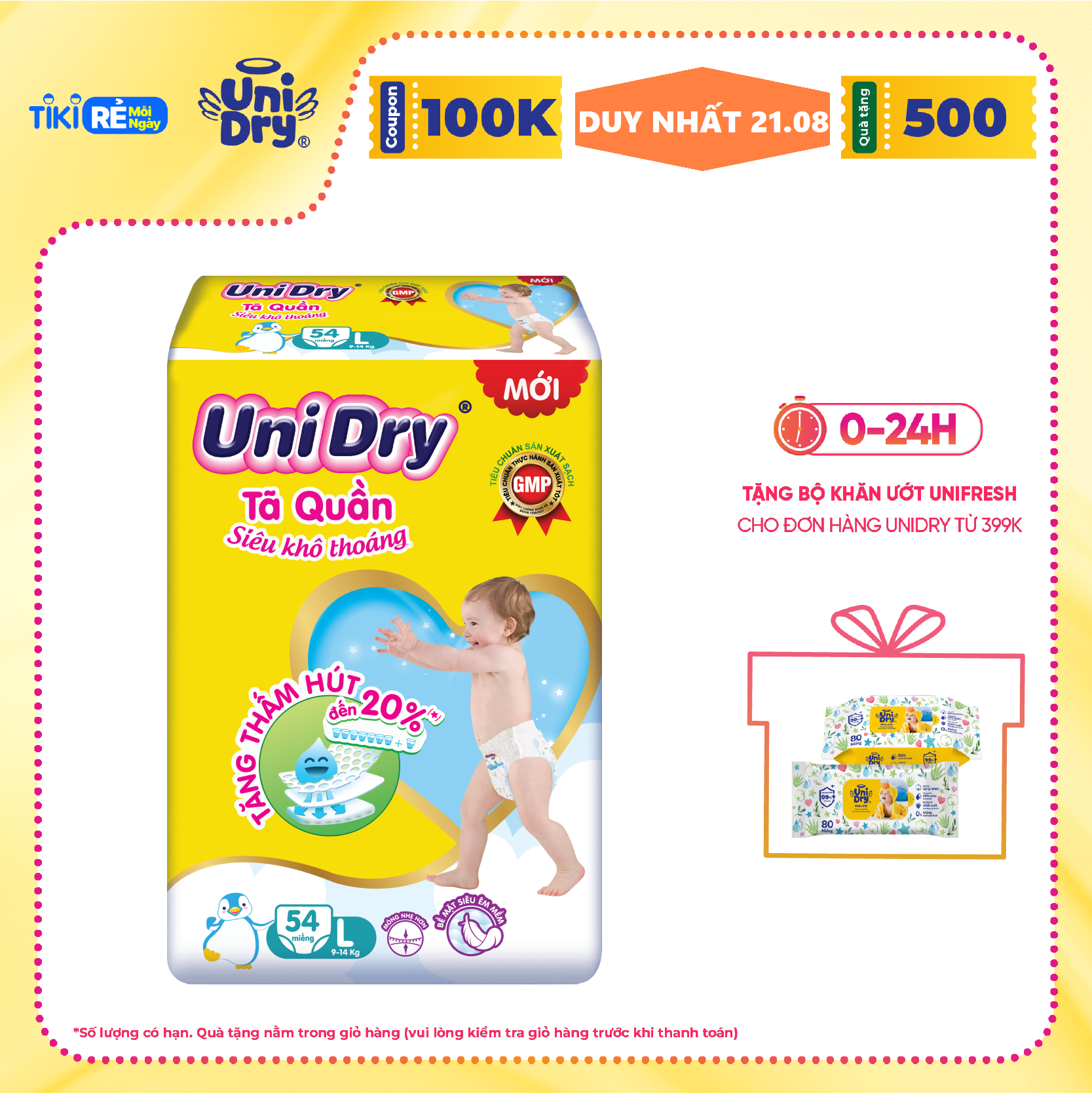 Tã Quần Em Bé Siêu Khô Thoáng Unidry Size L54