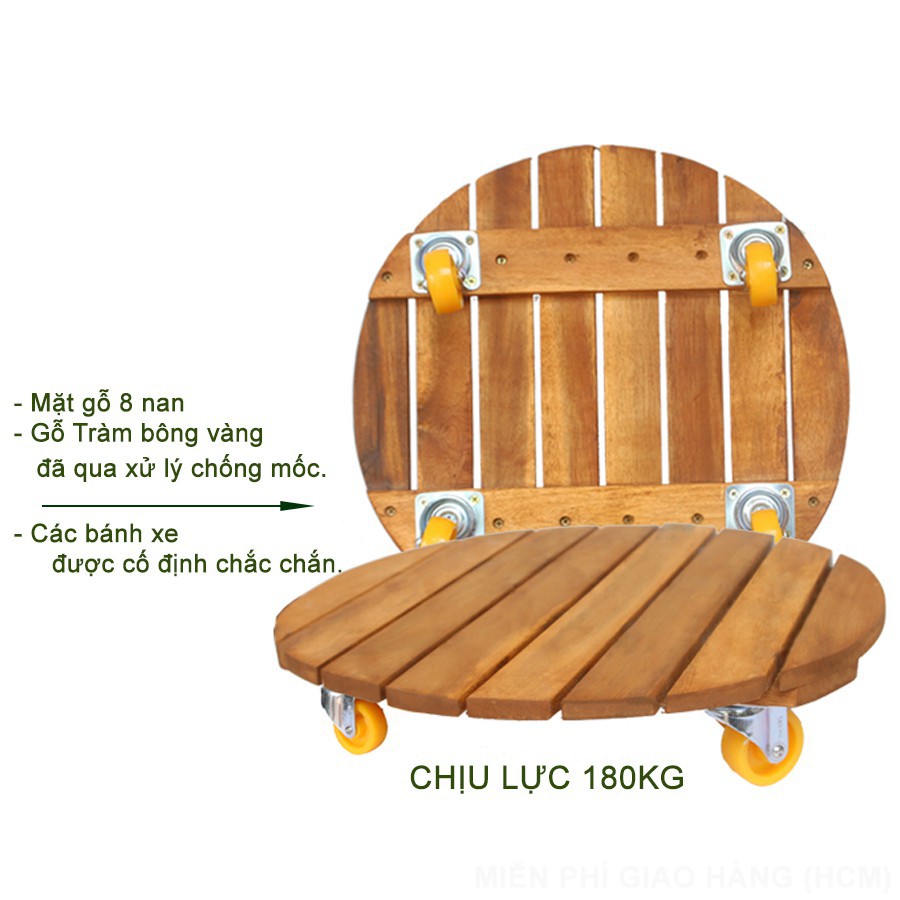 Đế lót chậu Greenhome bằng gỗ có bánh xe Tròn R40cm chịu lực 180kg-Di chuyển các chậu cây một cách dễ dàng