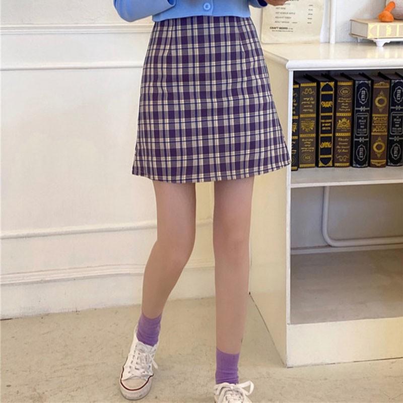 Korean High Waist Plaid Straight Skirt High Waist Was Thin Plaid Skirt