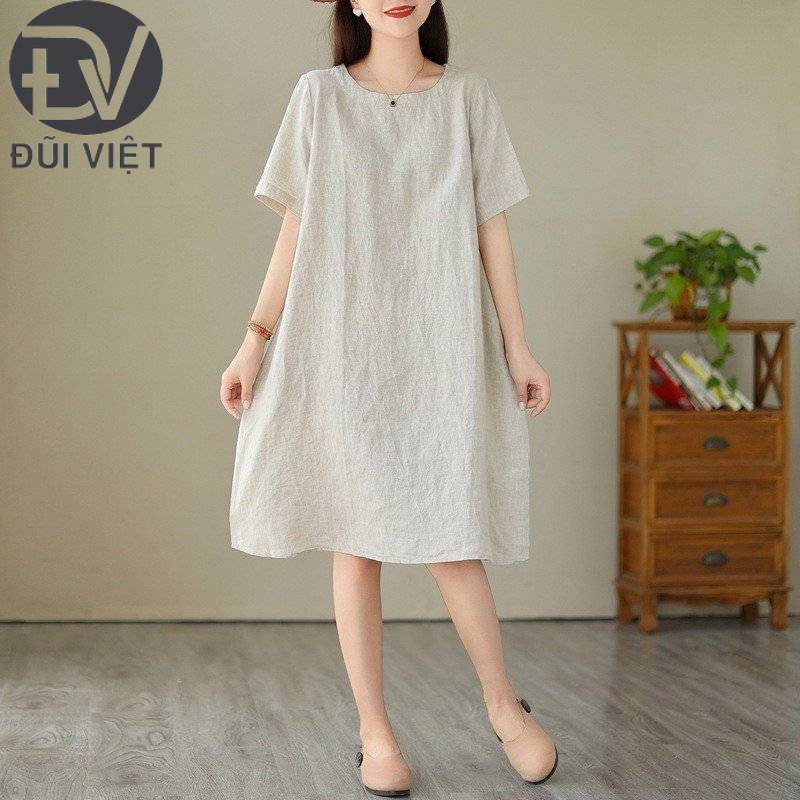 Đầm Thời Trang Nữ Mặc Đi Chơi, Đầm Chất Linen Cổ Tròn Tay Ngắn Chân Váy Suông Dài Trẻ Trung Đũi Việt