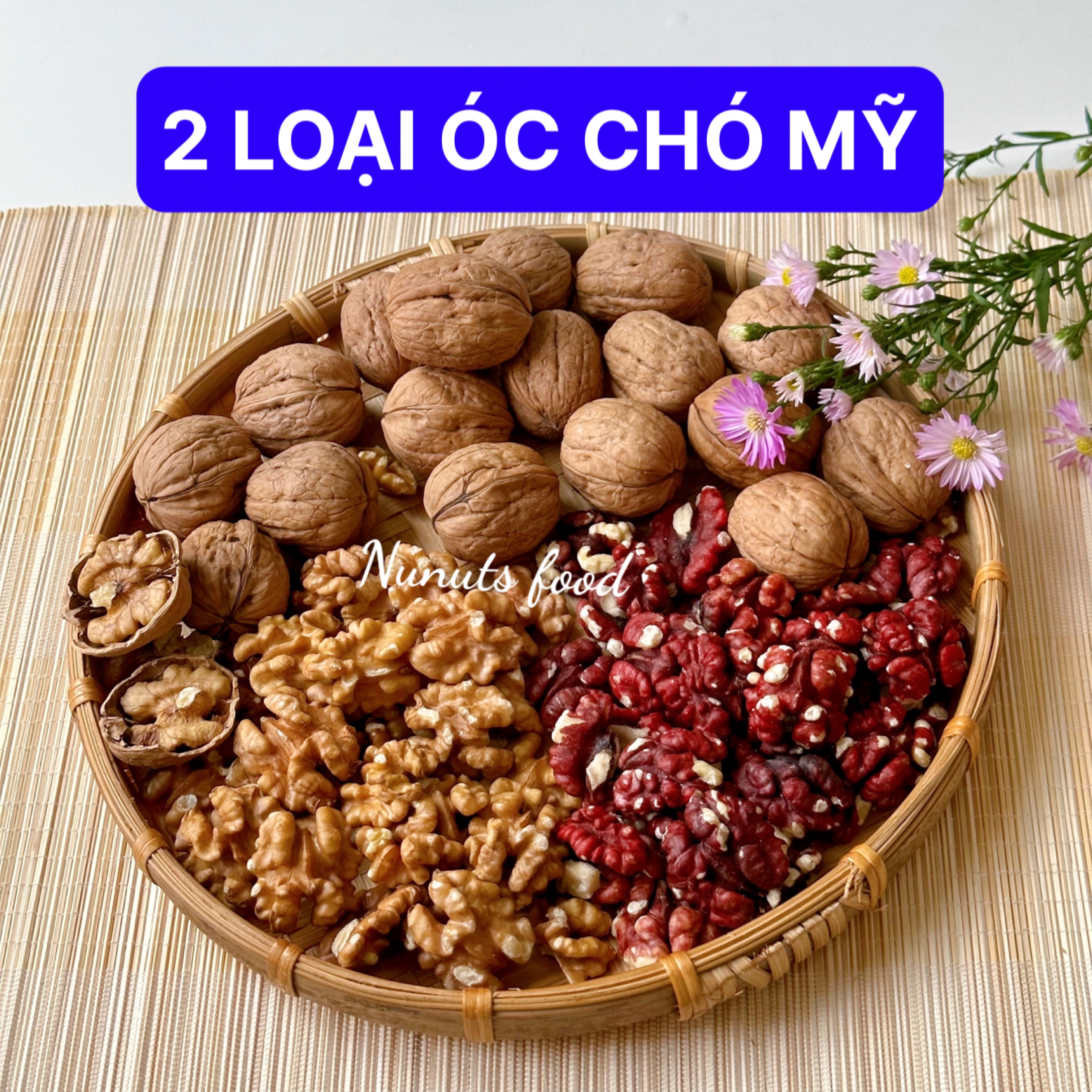 Mix hạt dinh dưỡng gồm 2 loại óc chó đã tách vỏ Mỹ có loại làm sữa, sấy giòn và nướng mật ong Nunuts