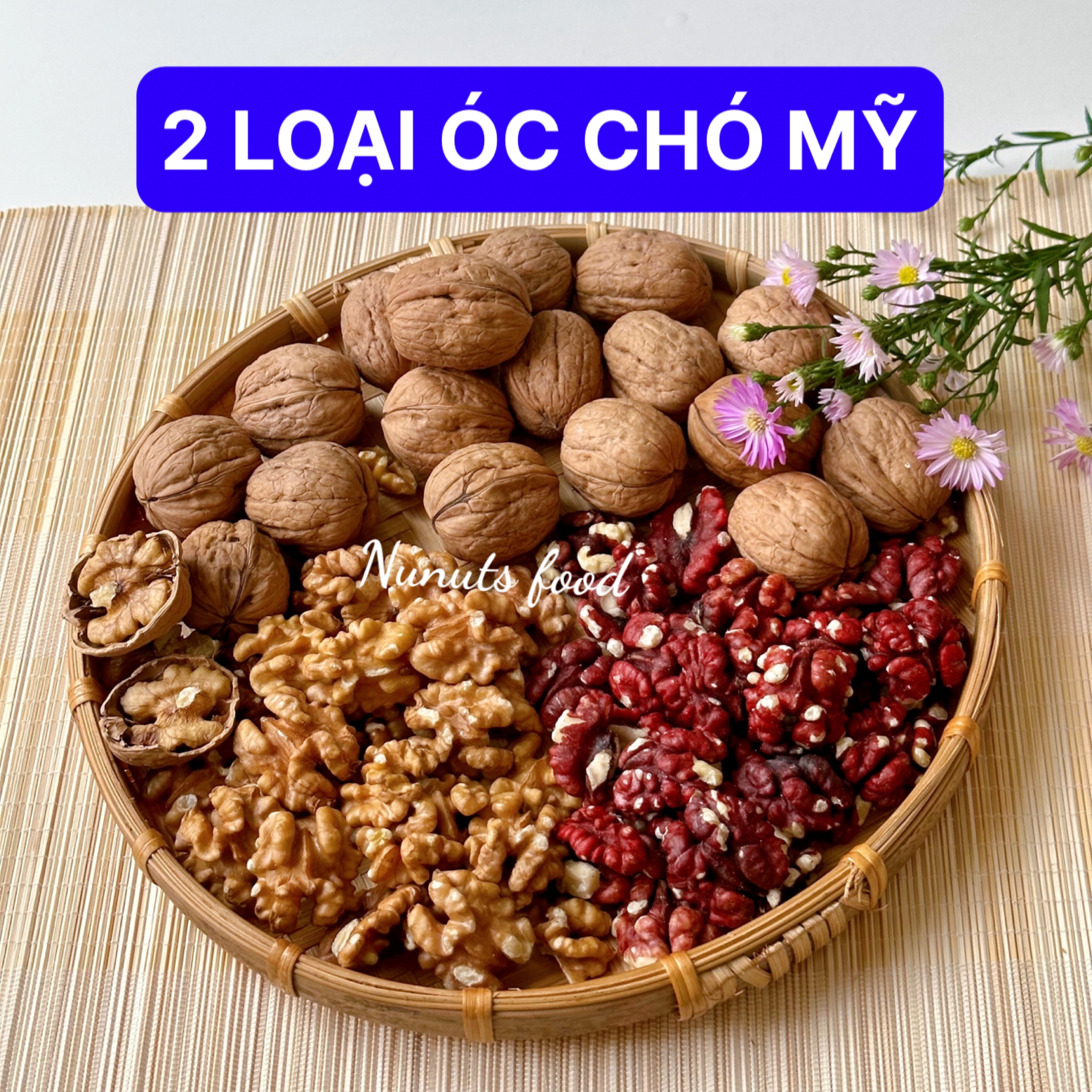 Mix hạt dinh dưỡng gồm 2 loại óc chó đã tách vỏ Mỹ ( óc chó đỏ, óc chó vàng) có loại làm sữa, sấy giòn và nướng mật ong Nunuts