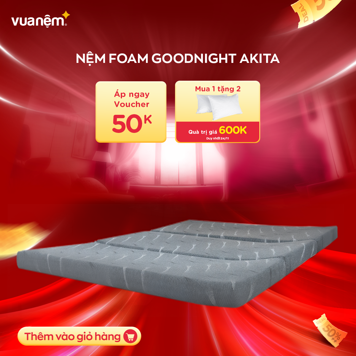 Nệm foam Goodnight Akita gấp 3 êm ái, cải thiện tình trạng đau mỏi cột sống, cuộn hút gọn nhẹ và dễ dàng di chuyển