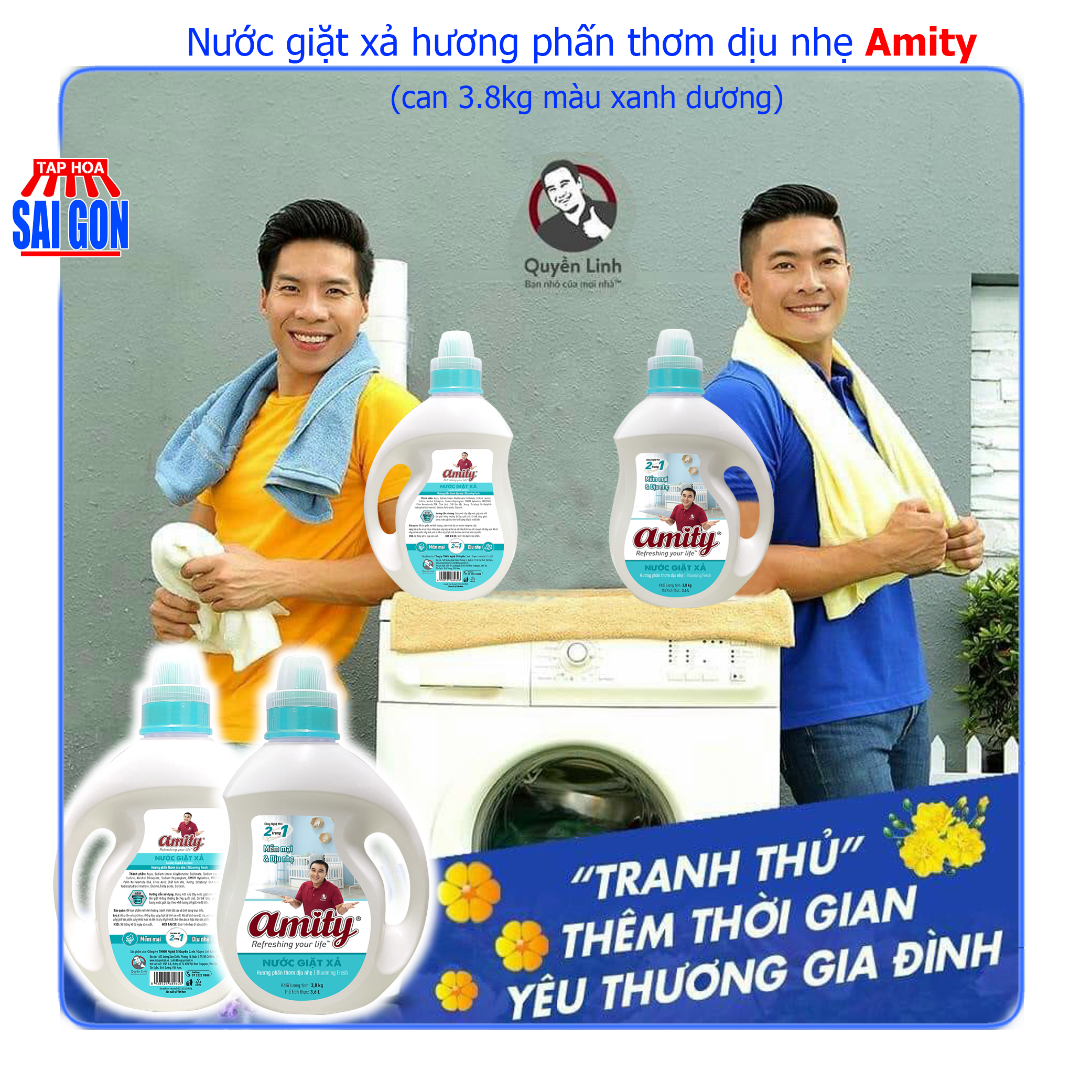 Nước Giặt Xả Amity màu xanh dương hương phấm thơm dịu nhẹ can 3.8kg giúp giữ mùi thơm nhẹ nhàng suốt cả ngày