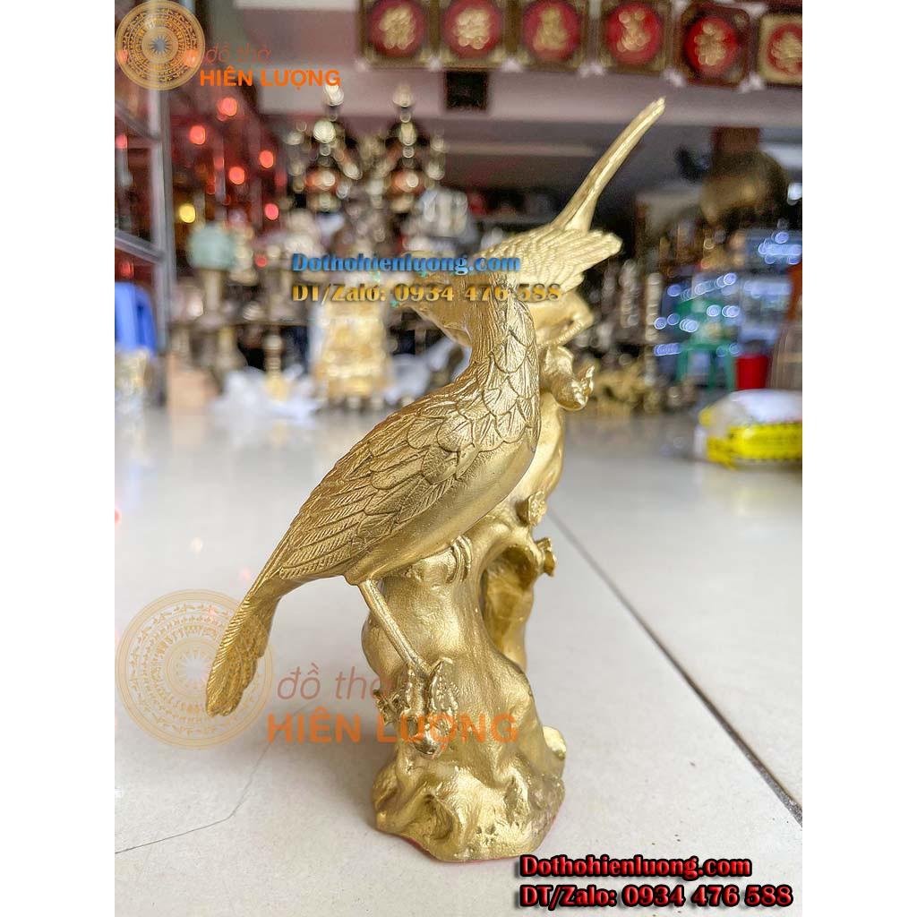 Tượng Đôi Chim Uyên Ương Màu Vàng Đậu Cành Cây Bằng Đồng - Song Hỷ Lâm Môn