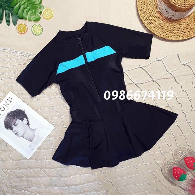 CÓ SIZE, Bikini đồ bơi học sinh liền váy kín đáo tay ngắn phối sọc xanh