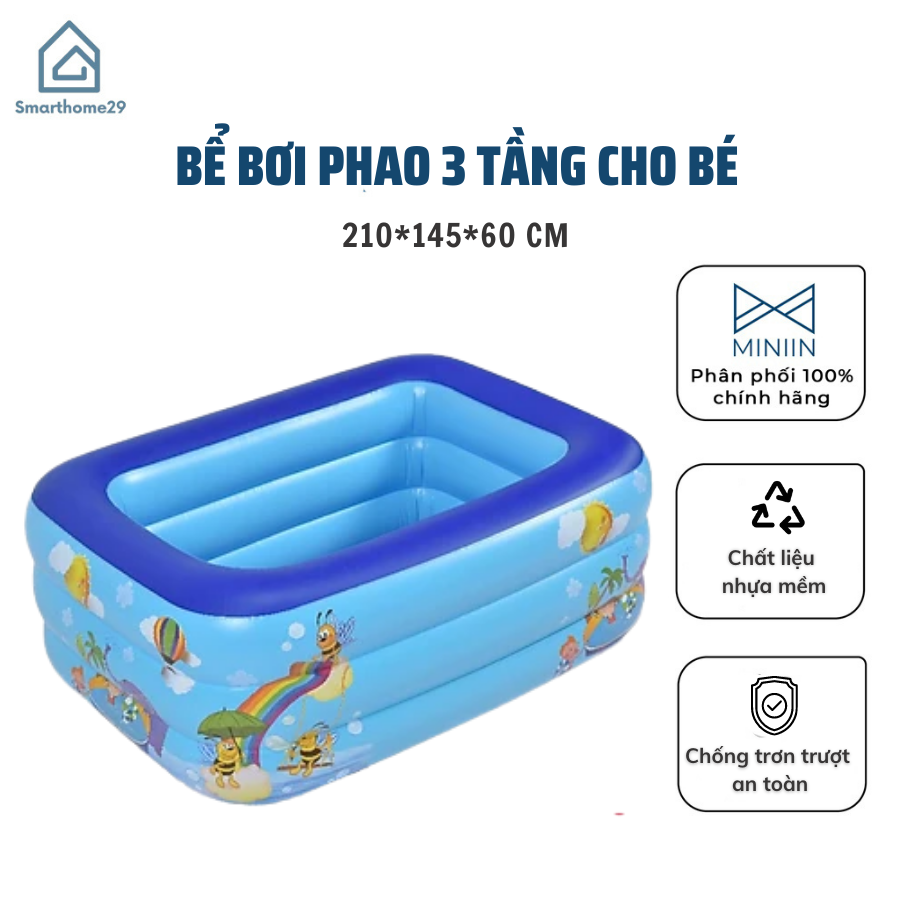 Bể bơi phao cho bé chữ nhật 2m10 x 1m45 x 65cm, Bể tắm bơm hơi trong nhà 3 tầng dày dặn, bền đẹp, đáy 2 lớp chống trơn trượt - Chính hãng MINIIN (Giao họa tiết, mẫu ngẫu nhiên)