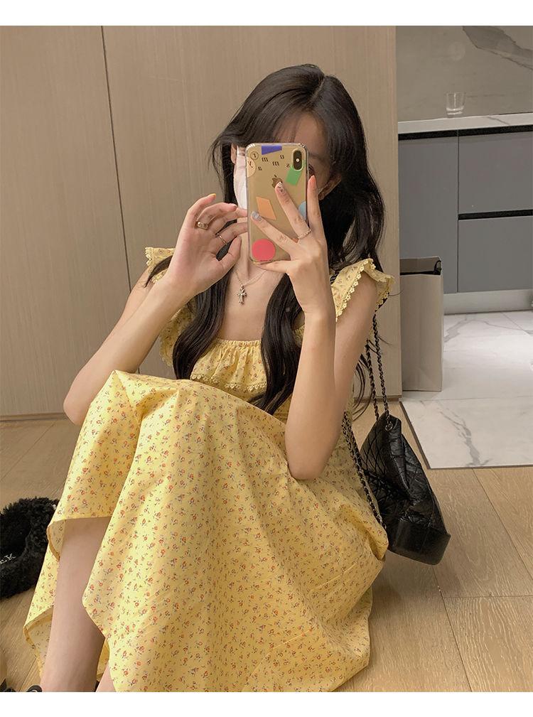 TOBE1SHOP Trà nghỉ kiểu Pháp cổ vuông tay áo nhỏ màu vàng hoa đầm nhỏ thắt lưng lộ vẻ gầy mùa hè váy dài đến mắt cá chân