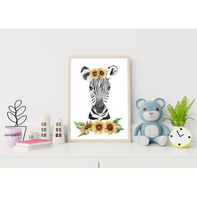 Tranh treo tường | Tranh cho bé-Girl Nursery Decor, Zebra with Sunflowers Print 74 , tranh canvas giá rẻ