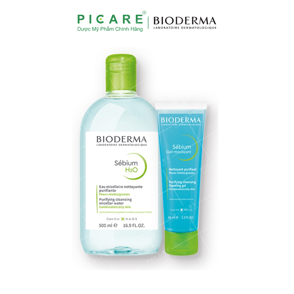 Bộ Sản Phẩm Nước Tẩy Trang Làm Sạch Cho Da Dầu, Mụn Bioderma Sebium H2O 500ml và Gel Rửa Mặt Tạo Bọt 45ml