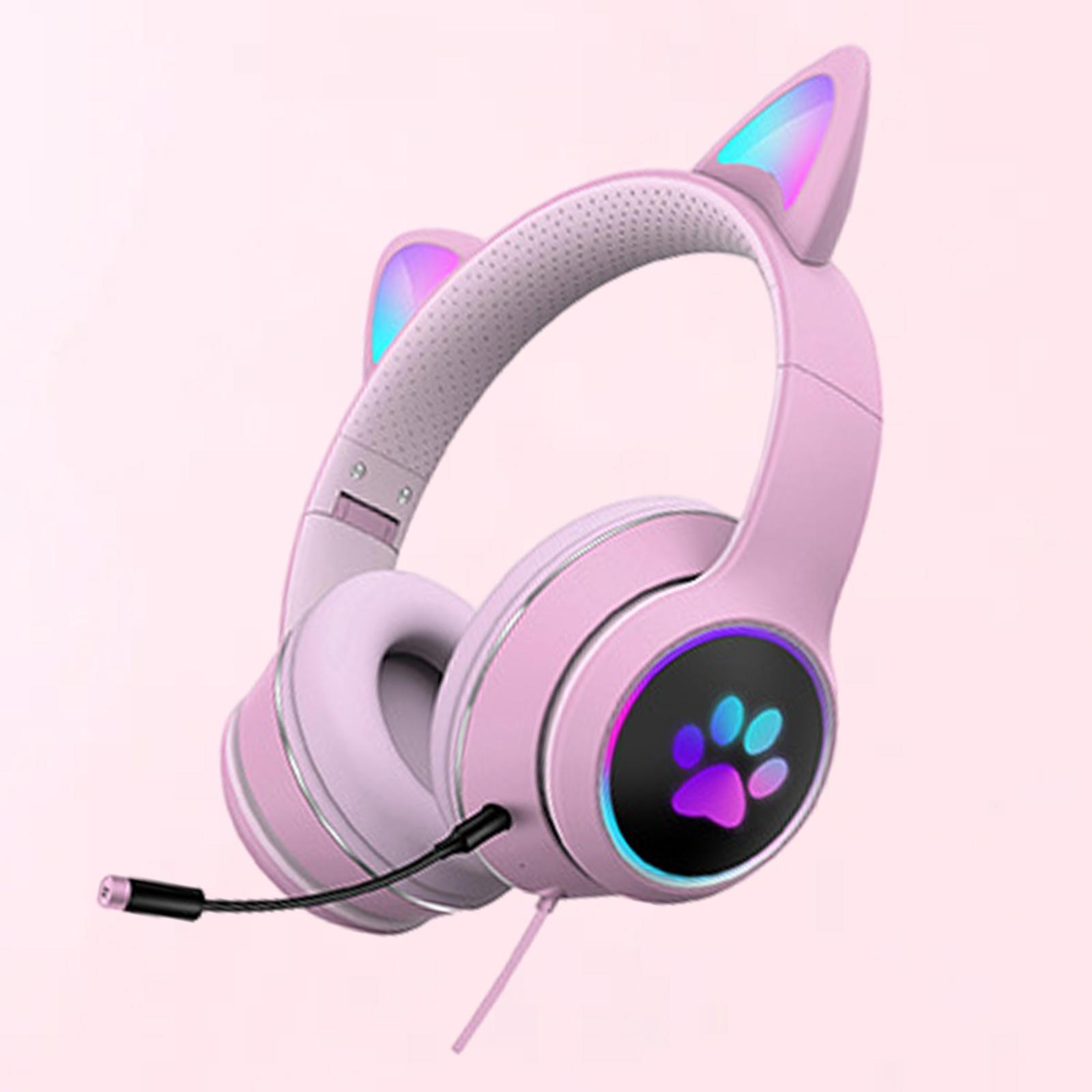 2 Pcs Cat Ear Wired Over-Head Headset RGB Light for PC Noise Reduction