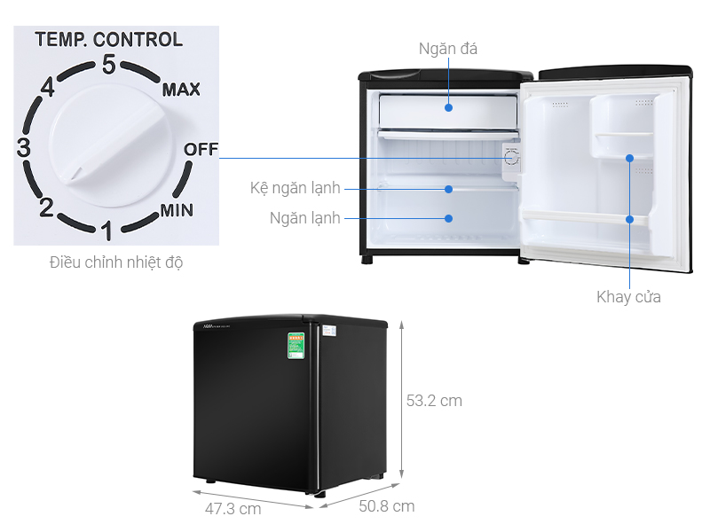 Tủ lạnh Aqua 50 lít AQR-D59FA(BS) Tủ lạnh Mini phòng trọ, phòng ngủ, tủ đựng mỹ phẩm cá nhân - Hàng chính hãng