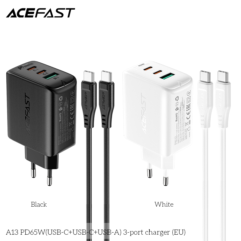 Adapter Sạc Acefast PD 3.0 65W 3 Cổng USB Type-C USB Type-C USB A Chuôi Tròn EU A13 - Hàng Chính Hãng