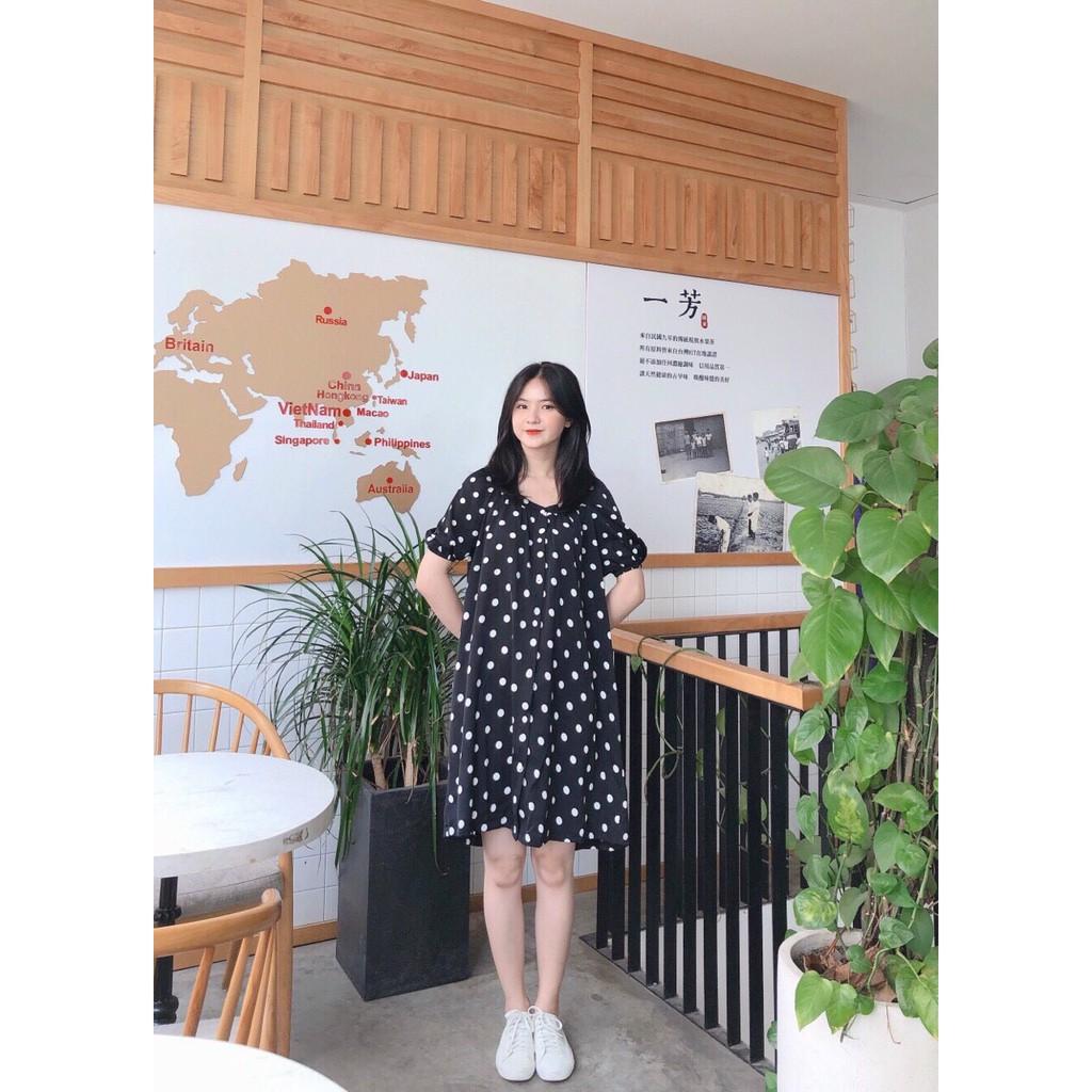 ĐẦM SUÔNG CHẤM BI CỔ VUÔNG CỘT NƠ SAU TAY LỠ PHỒNG DÁNG BABYDOLL-hình thật shop chụp