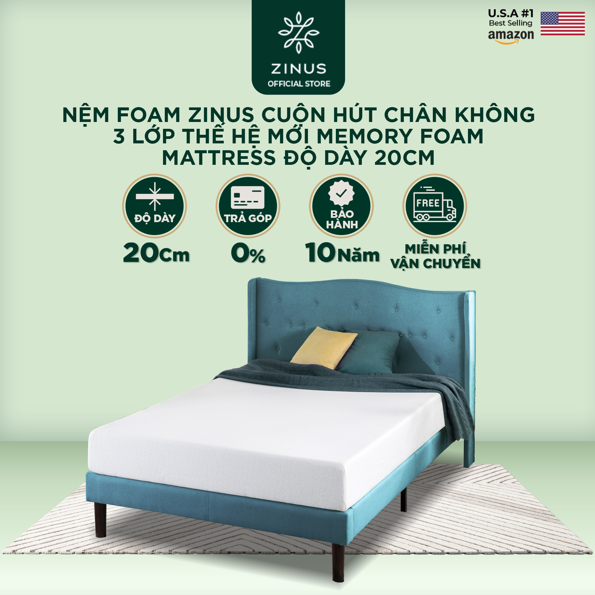 Nệm Foam Zinus cuộn hút chân không 3 Lớp thế Hệ Mới  - Memory Foam Mattress Độ Dày 20cm