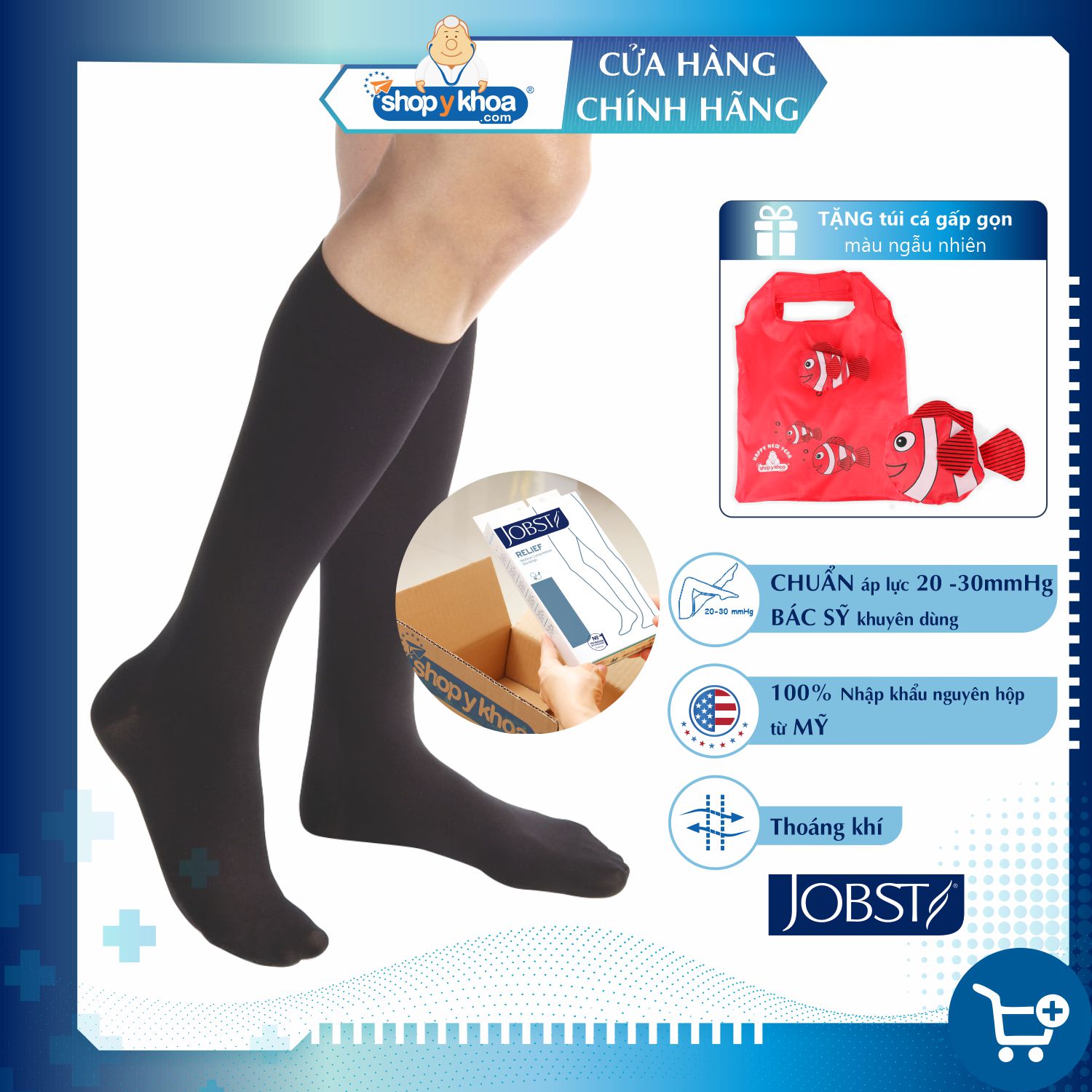 Vớ y khoa gối JOBST Relief - Cơ bản, màu đen, kín ngón, 20-30mmHg, giãn tĩnh mạch chân