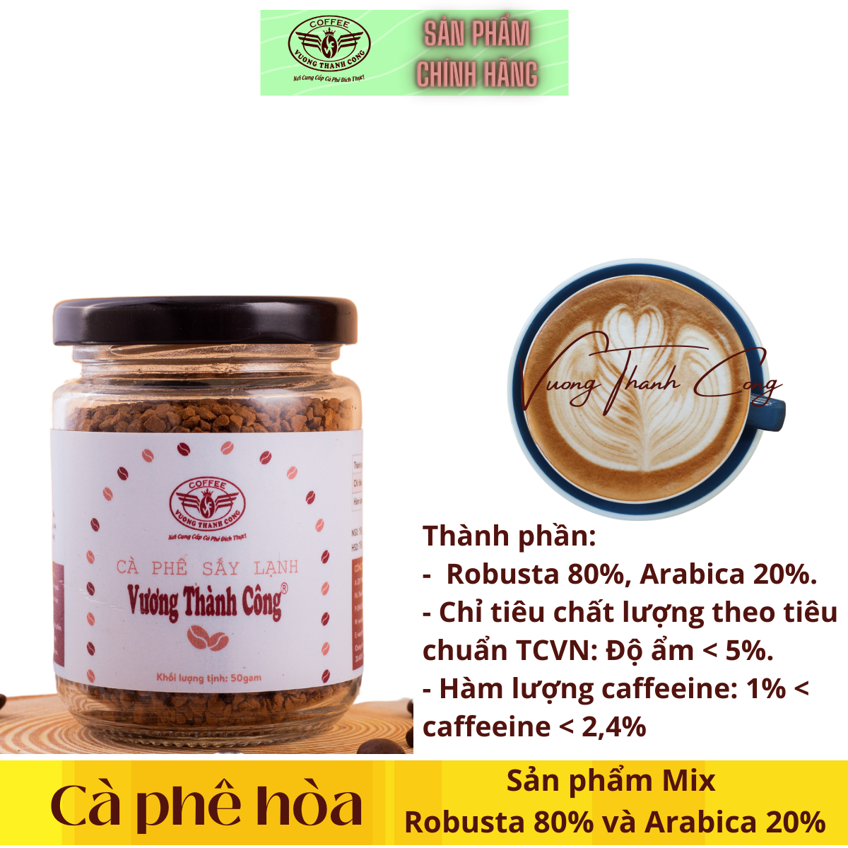 Cà phê sấy lạnh nguyên chất Vương Thành Công, cà phê  hòa tan thơm ngon, hậu chua thanh ngọt, cà phê tốt sức khỏe