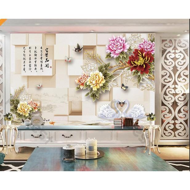 Hoa mẫu đơn thiên nga hạnh phúc, tranh 3d dán tường hiện đại  MS636816