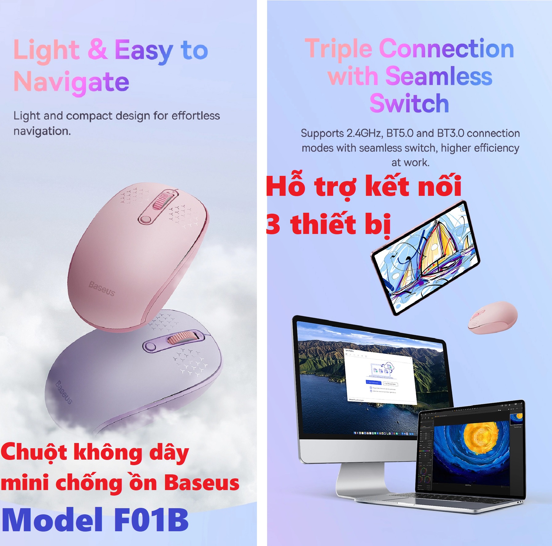 Chuột không dây bluetooth kết nối đa thiết bị nhỏ gọn chống ồn Baseus F01B _ Hàng chính hãng