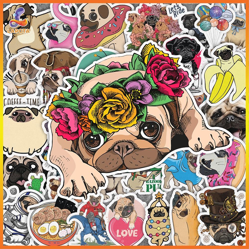 Set 50 cái Sticker Pug chống nước, Hình dán chó Pug cute, Decal Pug dán vali, điện thoại, mũ bảo hiểm