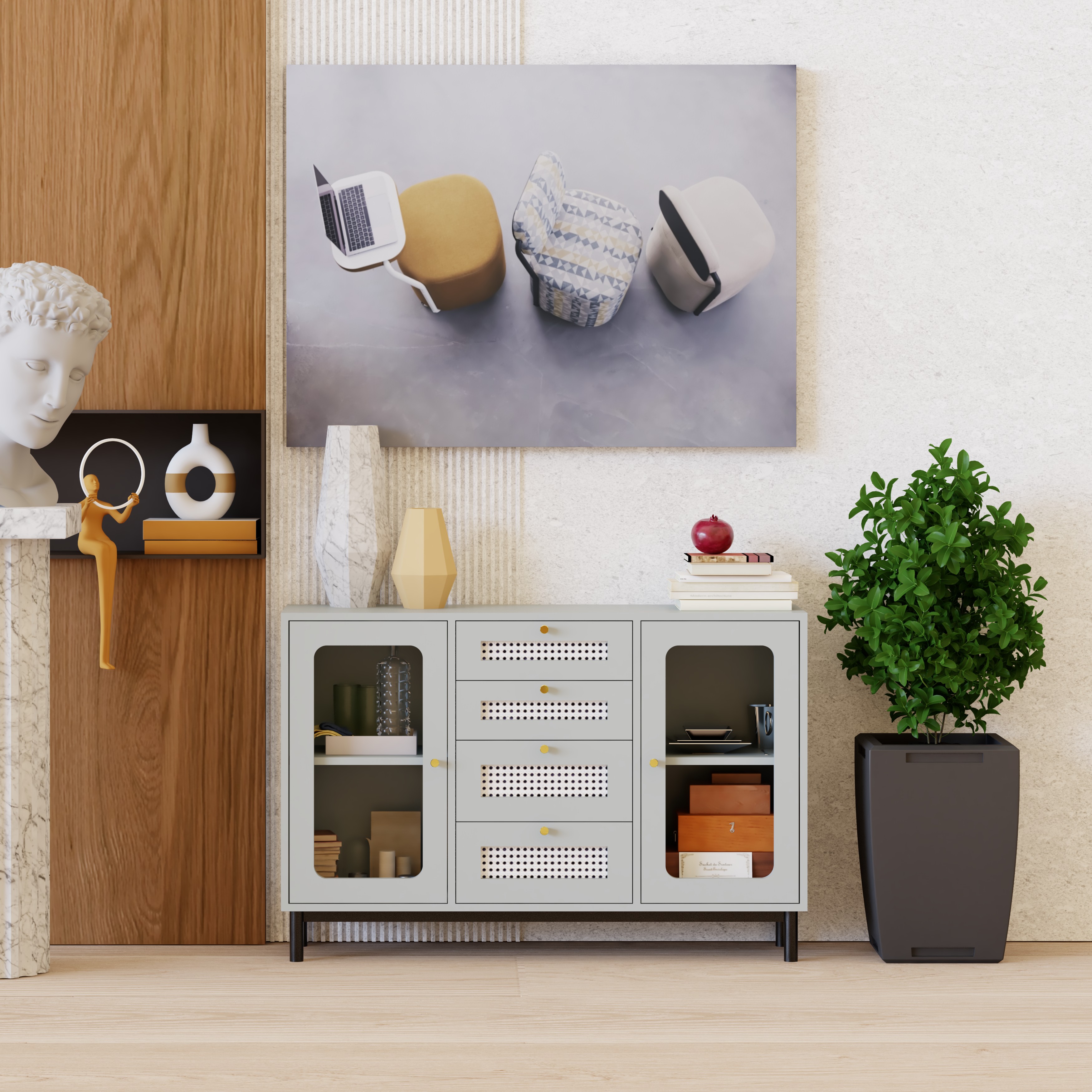 [Happy Home Furniture] ROTAN, Tủ đựng đồ cửa kính 2 cánh mở - chân sắt , 120cm x 34cm x 80cm ( DxRxC), THK_125