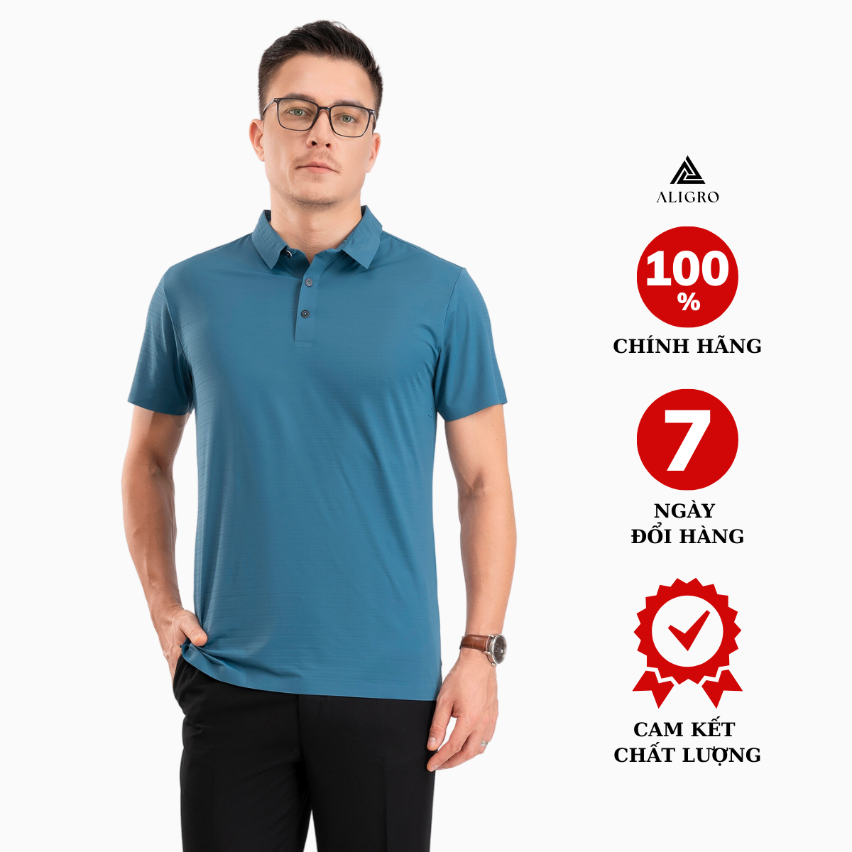 Áo polo golf nam ngắn tay ALIGRO chất vải coolmax màu xanh đậm trơn năng động ALGPLO121