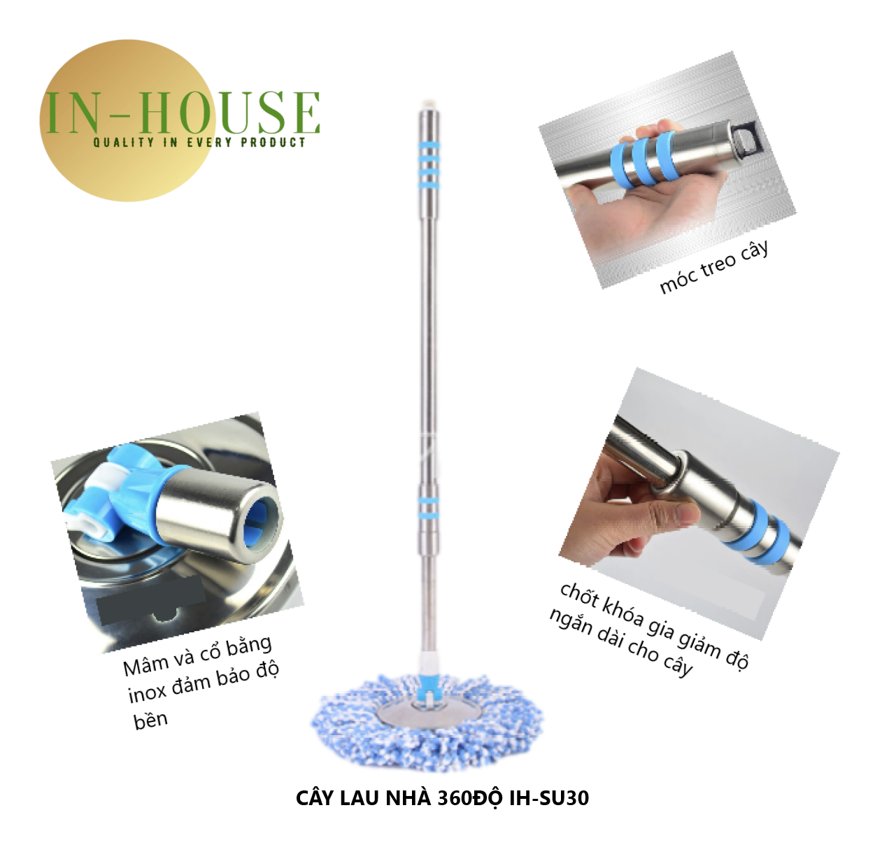 Cây lau nhà 360 độ Thái Lan cán+mâm Inox cao cấp IH-SU30,35