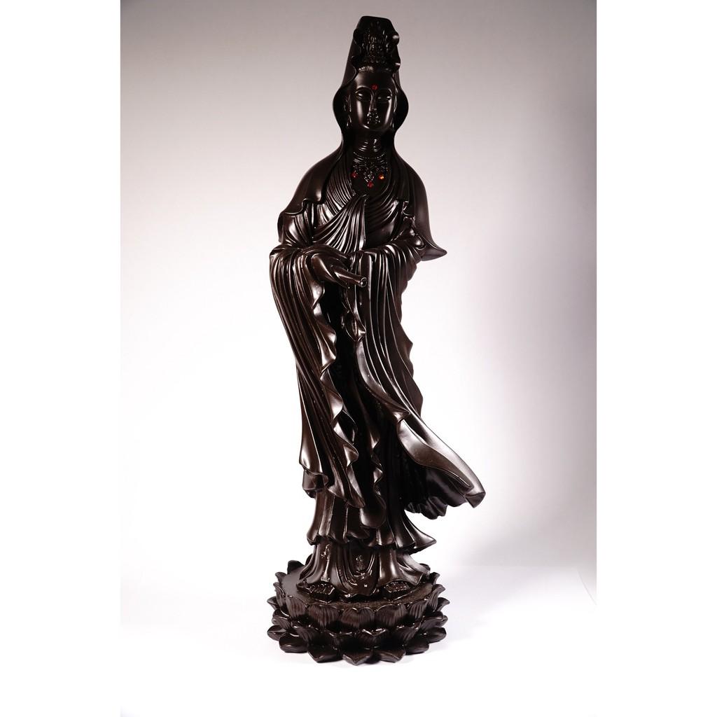 Tượng lớn phật Quan Thế Âm Bồ Tát đứng nguyên khối đế sen nâu đất - Cao 36cm