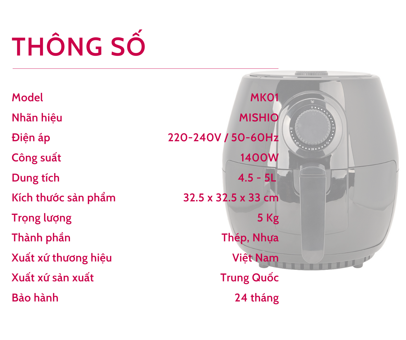 Nồi chiên không dầu Mishio 3.8L - Hàng chính hãng