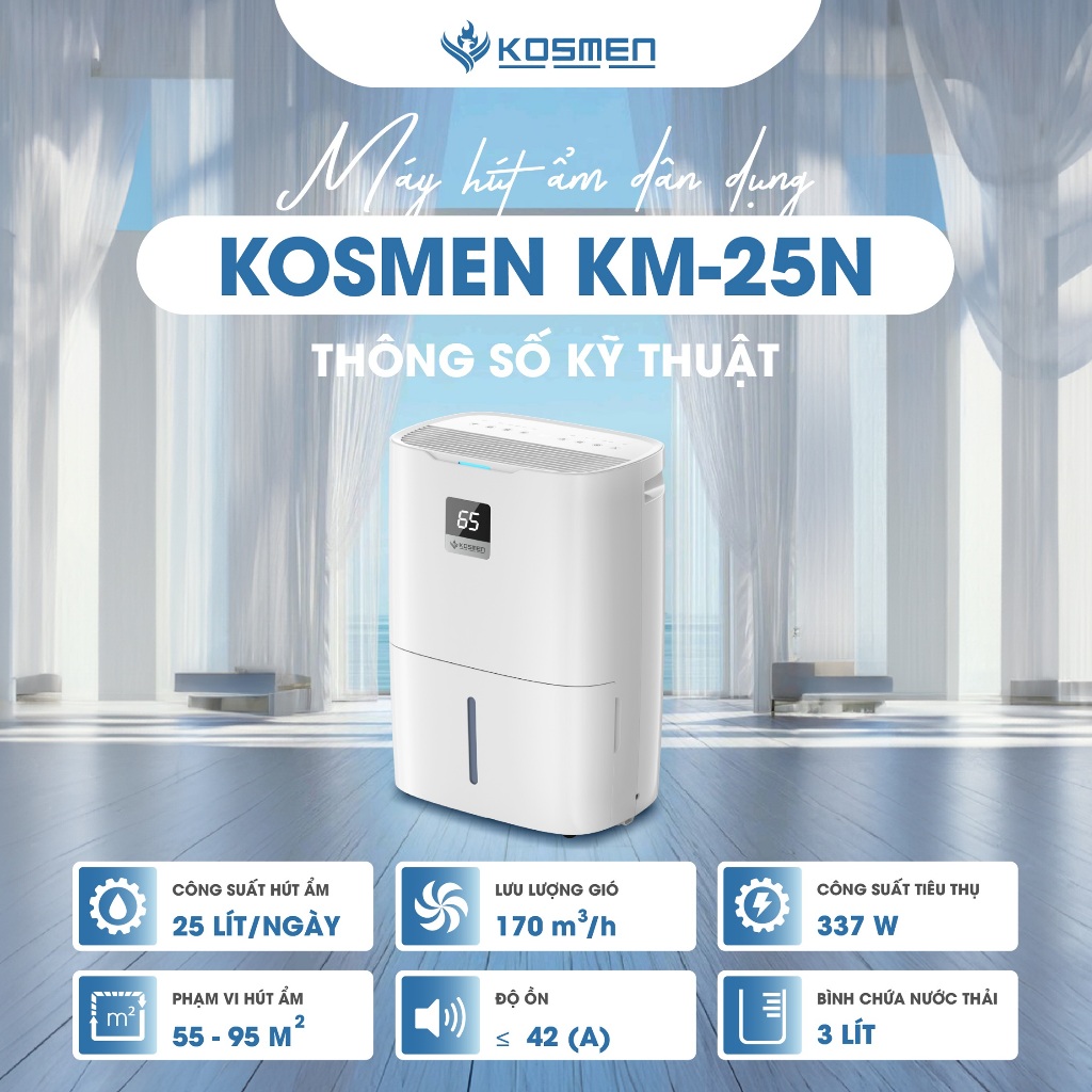 Máy Hút Ẩm Kosmen KM-25N,Phù Hợp Diện Tích 55 - 95 m2, Lọc Không Khí Chuyên Sâu - Hàng Chính Hãng, Bảo Hành 24 Tháng