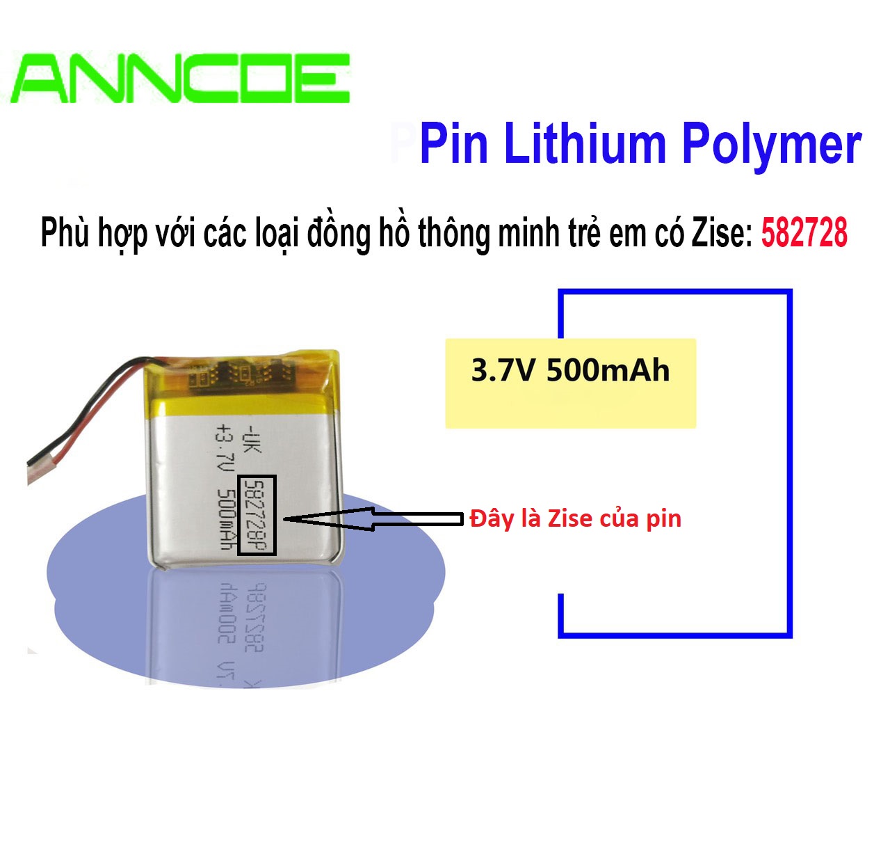 Pin ANNCOE 500 mAh - Zise: 582728 thay thế cho các loại đồng hồ thông minh trên thị trường - Hàng Nhập Khẩu