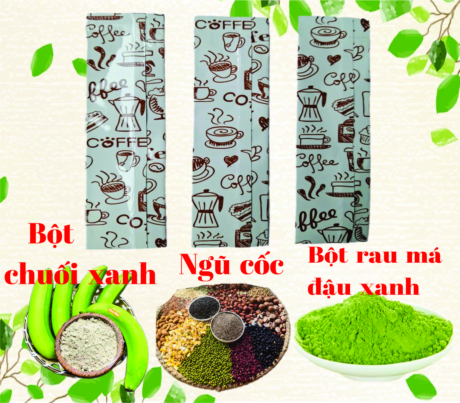 Combo 3 túp dùng thử Bột Rau Má Đậu Xanh, Bột Chuối Xanh, Bột Ngũ Cốc FTAKY túp 12g tiện lợi dễ mang theo