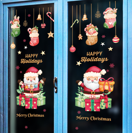 Decal trang trí Noel - Rèm dây vớ và 2 ông già noel nhỏ