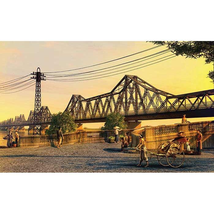 Tranh dán tường phố cổ Hà Nội - cầu Long Biên