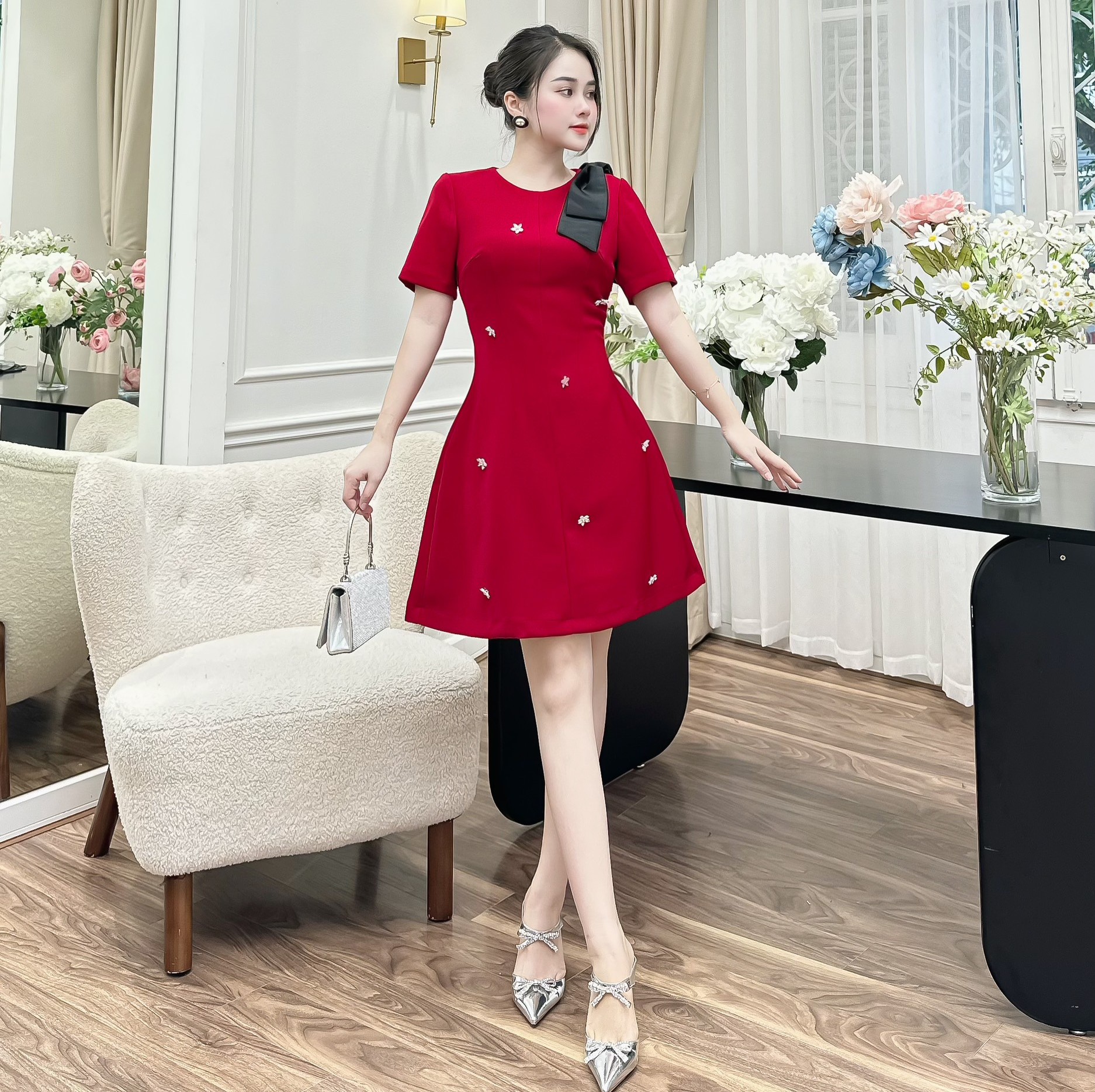 Đầm Thiết Kế MAY I69 Chất Liệu Trượt Nhật Đính Đá - Đầm Dự Tiệc Trẻ Trung Chuẩn MAY